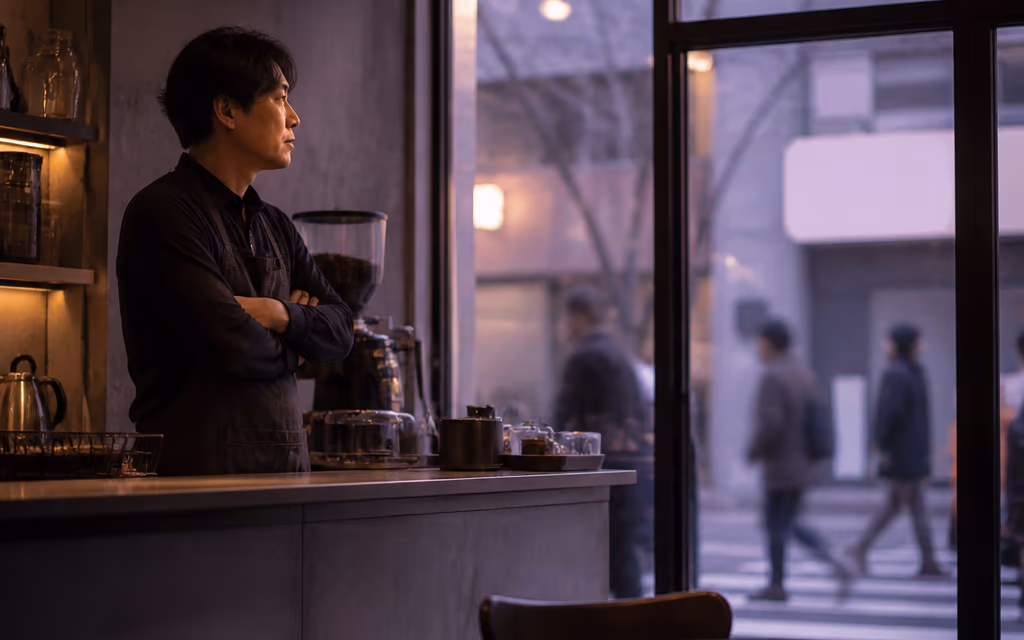 한산한 매장 안에서 창밖을 바라보는 사장님