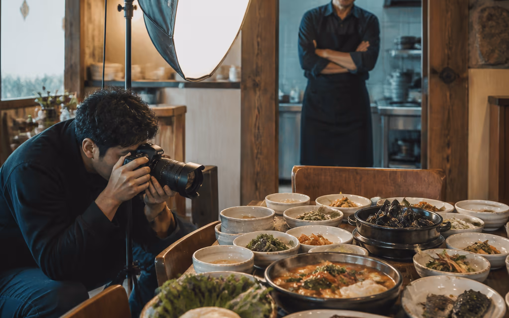 제주 식당 주방 옆에서 광고 사진가가 조명을 세우고 한 상 차림을 촬영하는 장면