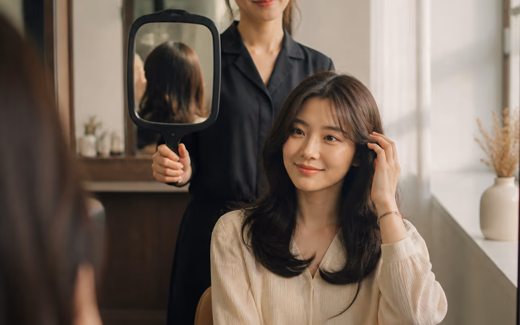 제주 헤어살롱 내부 미니멀 인테리어와 조명이 돋보이는 공간 전경