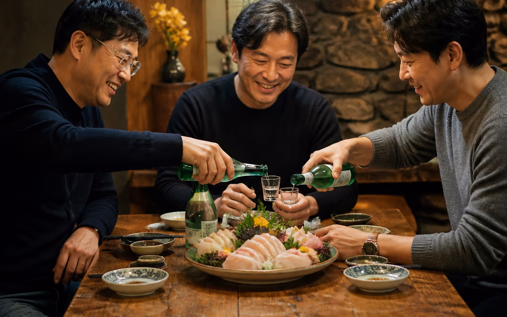 한국인 일행이 활어회 한 상을 즐기는 평일 저녁의 따뜻한 한 컷