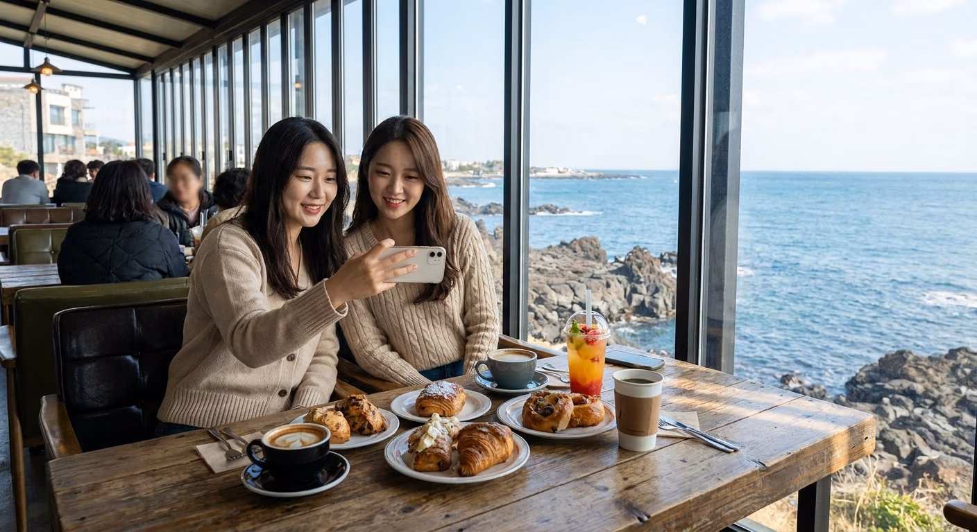 두 인플루언서가 제주 카페에서 셀카를 찍는 장면