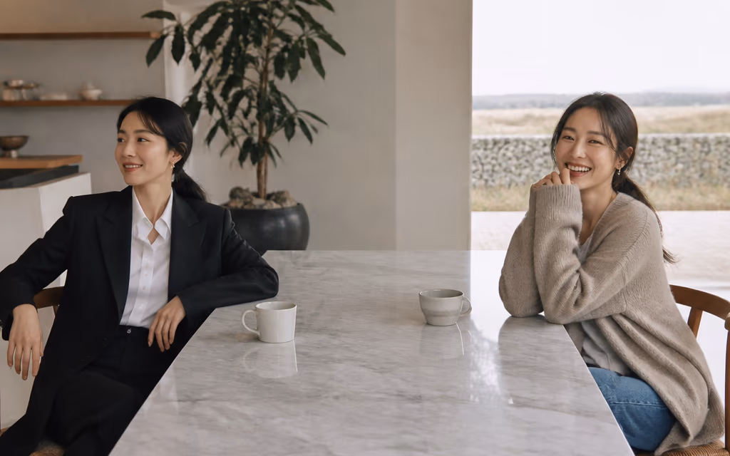 테이블 양쪽에 마주 앉은 두 인플루언서 라이프스타일