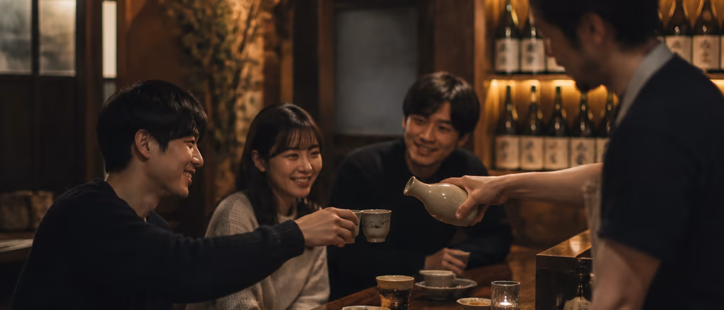 제주 이자카야의 따뜻한 저녁, 손님 일행이 한 잔 나누는 결정적 순간