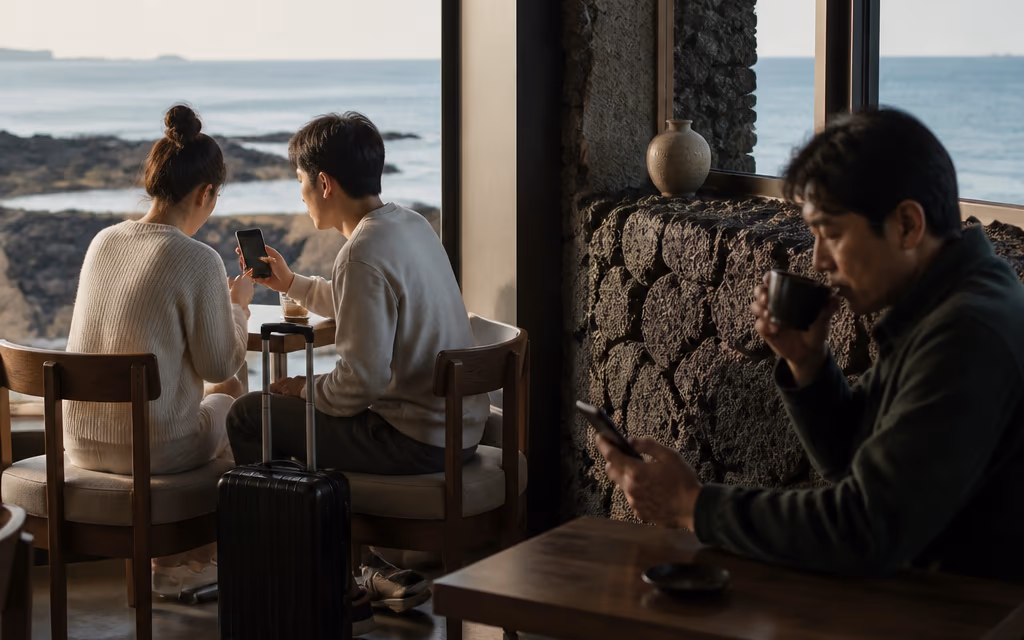 제주 바닷가 카페 창가 자리에 여행객 커플과 동네 주민 손님이 따로 앉아 각자 휴대폰을 보는 장면