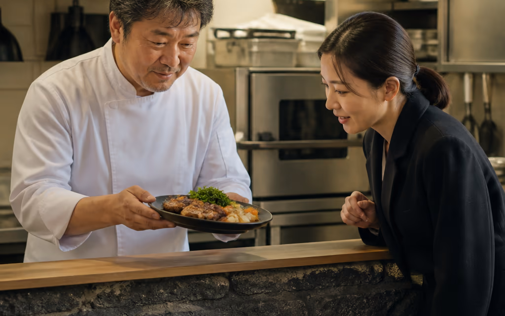 제주 식당 주방 입구에서 사장님이 대표 메뉴 접시를 들고 광고 담당자에게 촬영할 음식을 보여 주는 장면