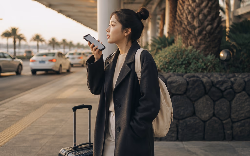 제주공항 도착장에서 캐리어를 끌고 나온 여행자가 걸음을 멈추고 스마트폰에 말을 걸어 저녁 식당을 묻는 장면