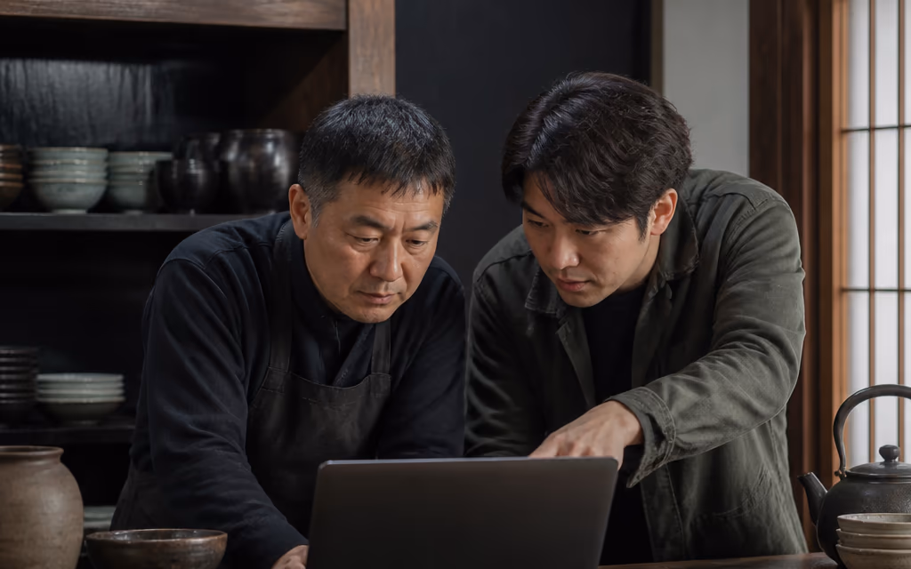 제주 식당 카운터에서 사장님이 노트북 화면을 들여다보고 분석 담당자가 옆에서 손가락으로 짚어 주는 장면