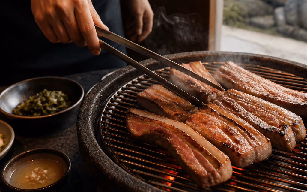 제주 흑돼지 식당 숯불 위에서 두툼한 흑돼지 오겹살이 익어 가고 집게를 든 직원이 고기를 뒤집는 장면