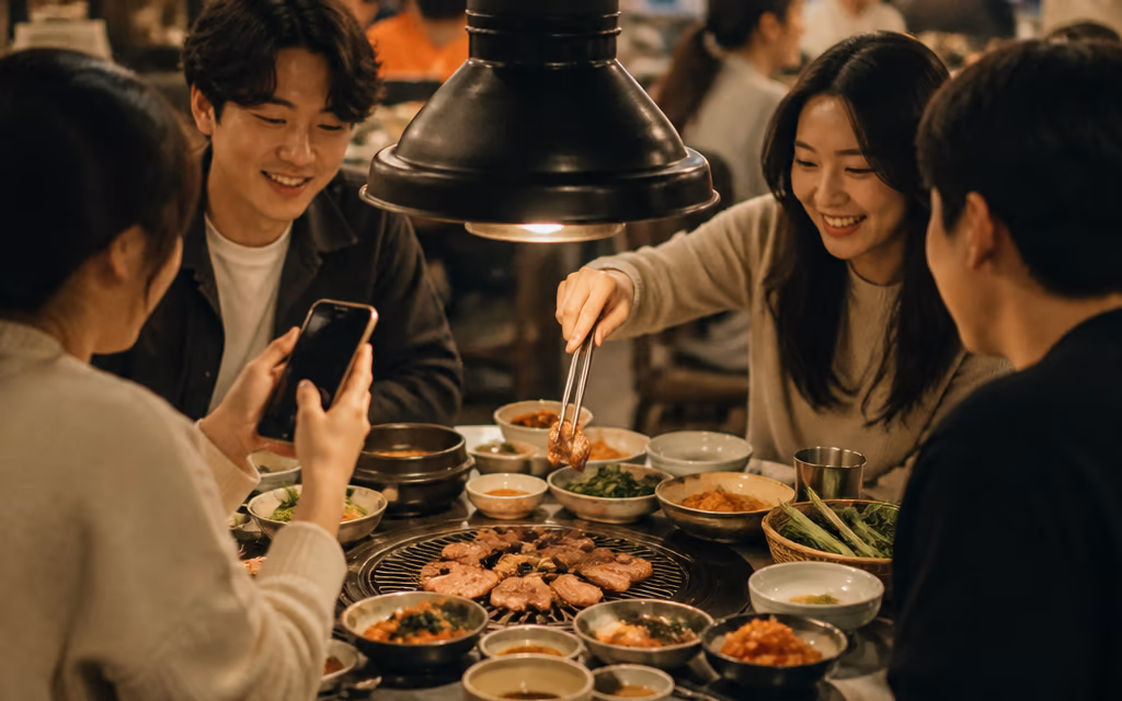 흑돼지 식당 테이블에서 중국인 여행자 일행이 구워진 고기와 반찬을 스마트폰으로 촬영하는 순간