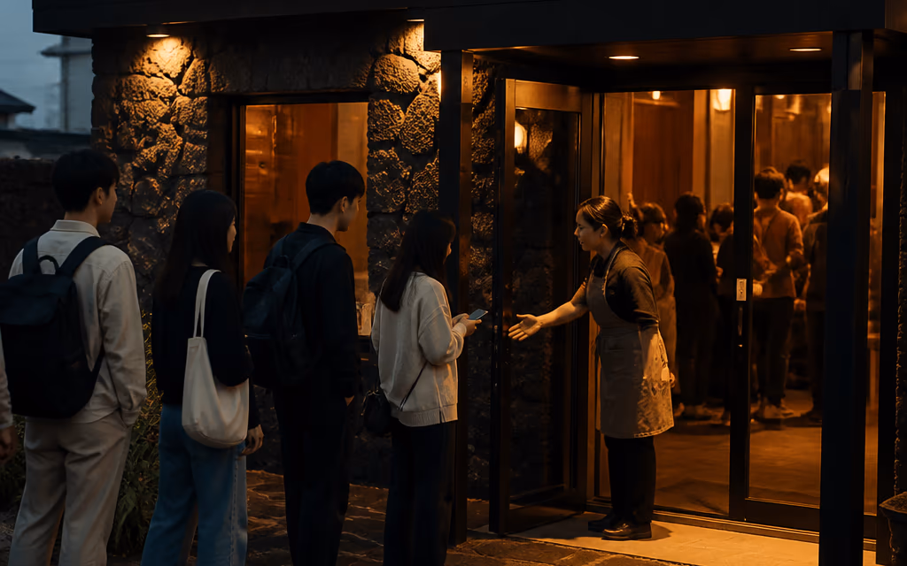 제주 흑돼지 식당 입구 앞에서 캐리어 없이 가볍게 줄을 서 있는 중국인 개별 여행자들과 안내하는 직원