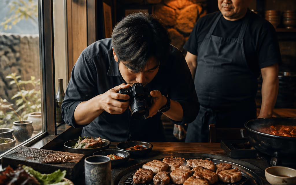 흑돼지 식당 창가 자리에서 광고 사진가가 상 위의 고기 한 상을 카메라로 담는 장면