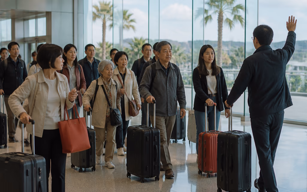 제주국제공항 도착층을 빠져나와 캐리어를 끌고 걷는 중국인 단체 여행객 무리와 안내 담당자