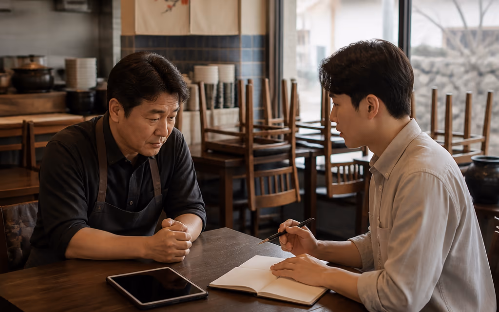 제주 식당 영업 전 테이블에서 사장님과 광고 담당자가 빈 노트와 태블릿을 놓고 순서를 상의하는 장면