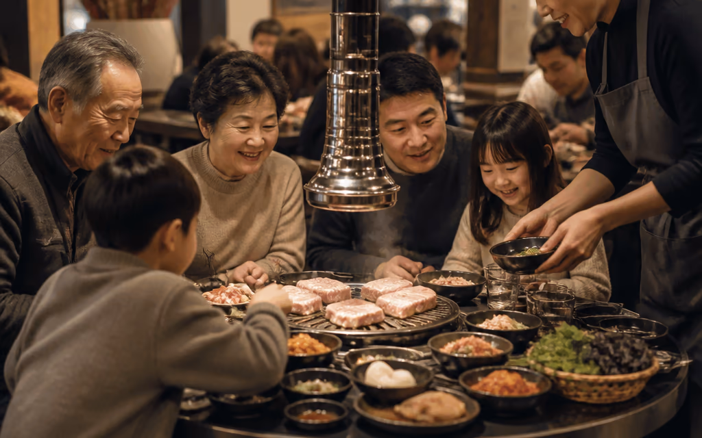 제주 흑돼지 식당에서 세 세대가 함께 둘러앉아 식사하는 중국인 가족 여행객 테이블