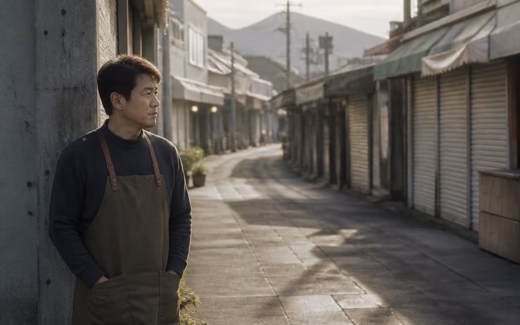 아침 상점가 골목을 살펴보는 매장 사장님