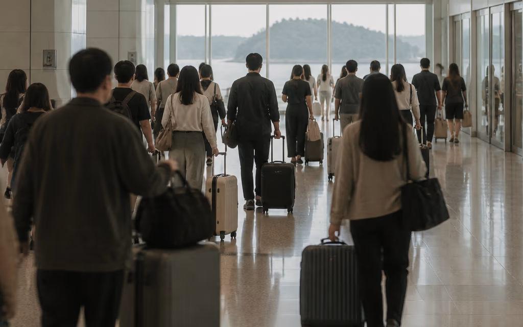 공항 도착장을 빠져나오는 여행자들의 물결