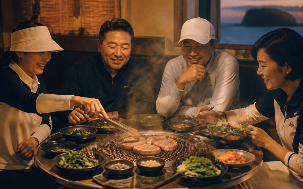 라운딩을 마친 저녁, 제주 식당 숯불 위에서 익어가는 흑돼지 한 상과 둘러앉은 일행