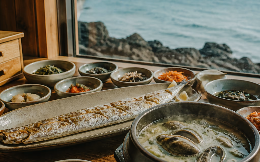 바다가 보이는 제주 해산물 식당 창가 테이블에 차려진 갈치구이와 전복뚝배기 한 상