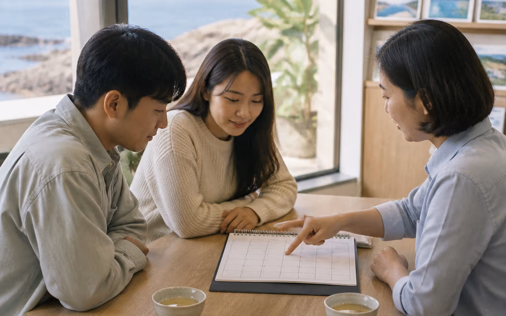여행사 사무실 테이블에서 담당자가 종이 달력을 펼쳐 놓고 한국인 커플 손님과 라운딩 날짜를 맞추는 장면