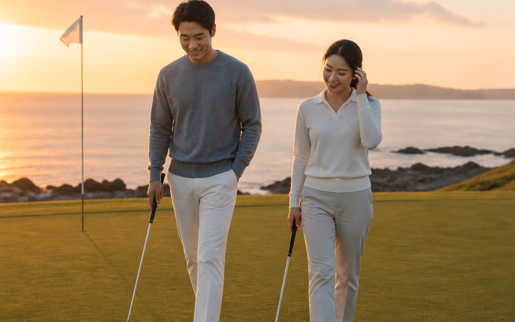 노을이 내려앉은 제주 골프장 마지막 홀 그린에서 둘이서 퍼팅을 마치고 걸어 나오는 한국인 골퍼 두 사람