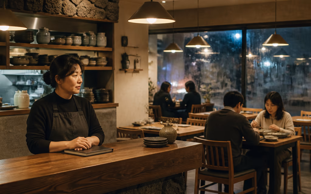 비수기 저녁 제주 식당 홀에 손님 테이블 두 곳만 차 있고 사장님이 카운터에서 장부를 넘기는 장면