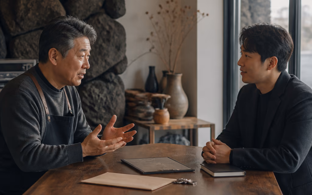 제주 매장 사장님이 사업자 서류 봉투와 메뉴판을 테이블에 올려 두고 분석 담당자와 마주 앉은 상담 자리