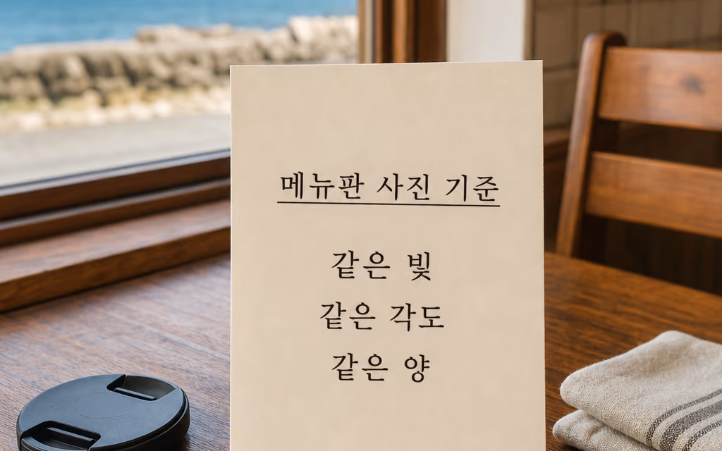 메뉴판 사진 촬영 기준 세 가지를 적은 안내 카드