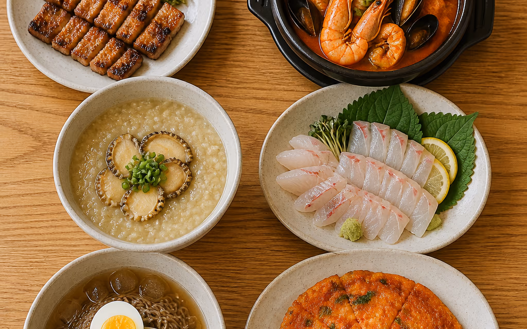 같은 빛과 같은 각도로 나란히 놓인 제주 식당 대표 메뉴 접시들