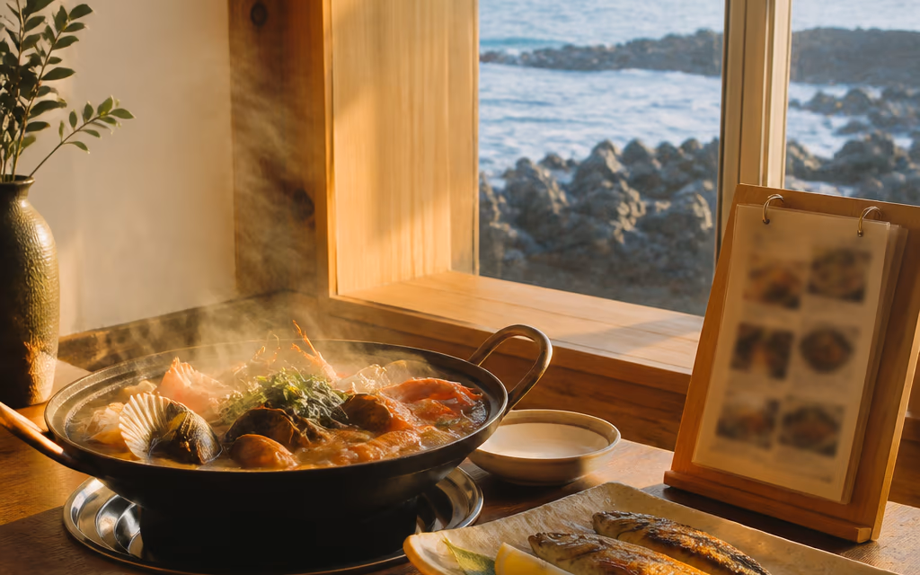 저녁 빛이 드는 제주 식당 창가 테이블에 놓인 메뉴판과 음식