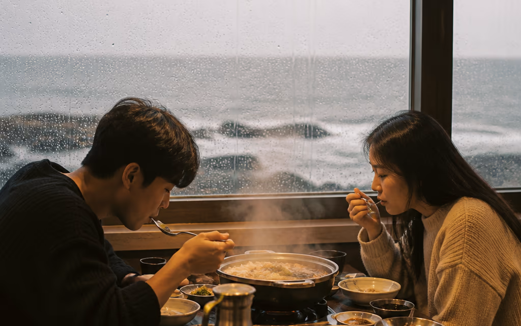 비 오는 흐린 날 제주 오션뷰 레스토랑 창가에 빗방울이 맺히고 손님이 뜨거운 국물 요리를 먹는 장면