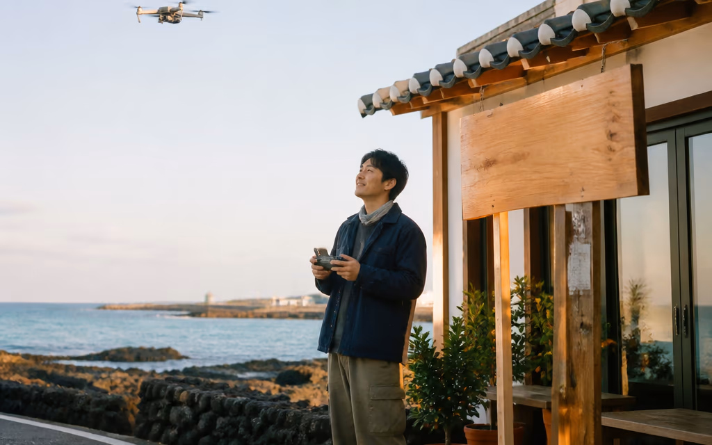 제주 해안 식당 위로 드론을 띄우는 광고 사진가와 아침 바다