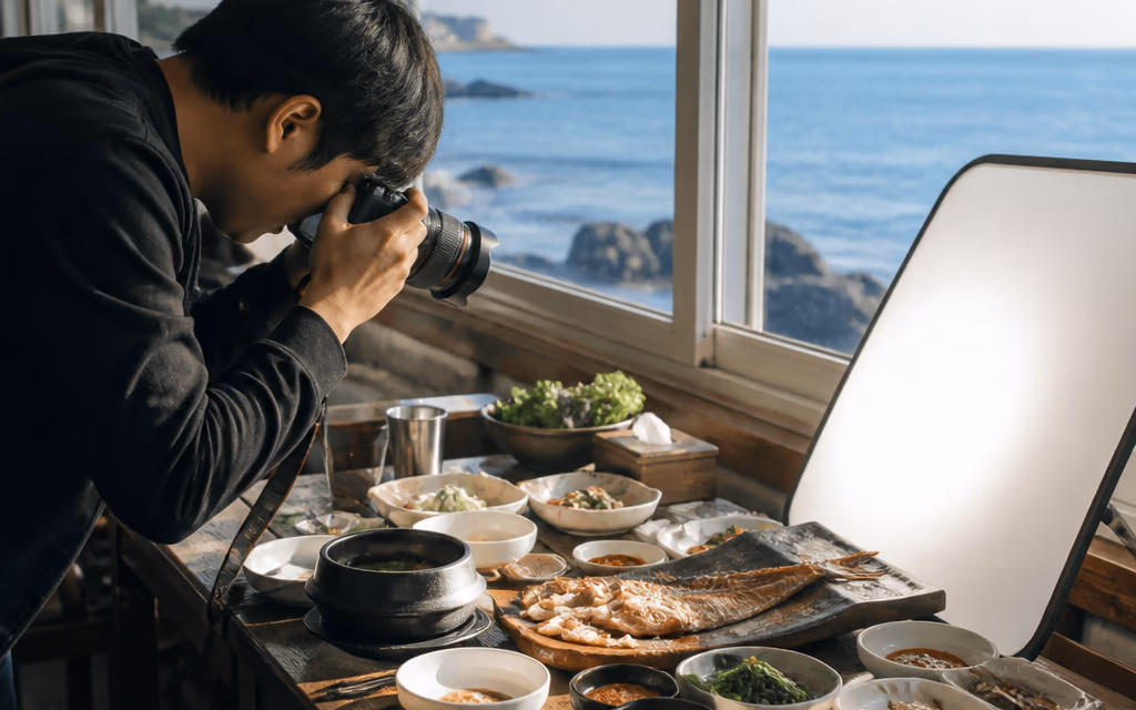 식당 창가에서 대표 메뉴를 촬영하는 광고 사진가와 반사판