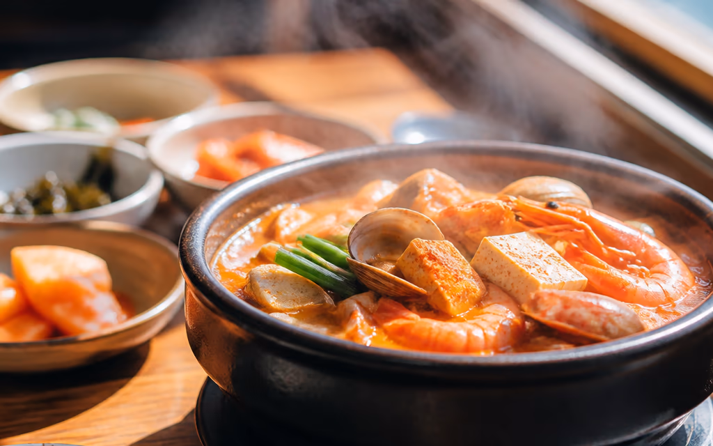 김이 오르는 제주 해물 뚝배기를 가까이에서 찍은 메뉴 사진