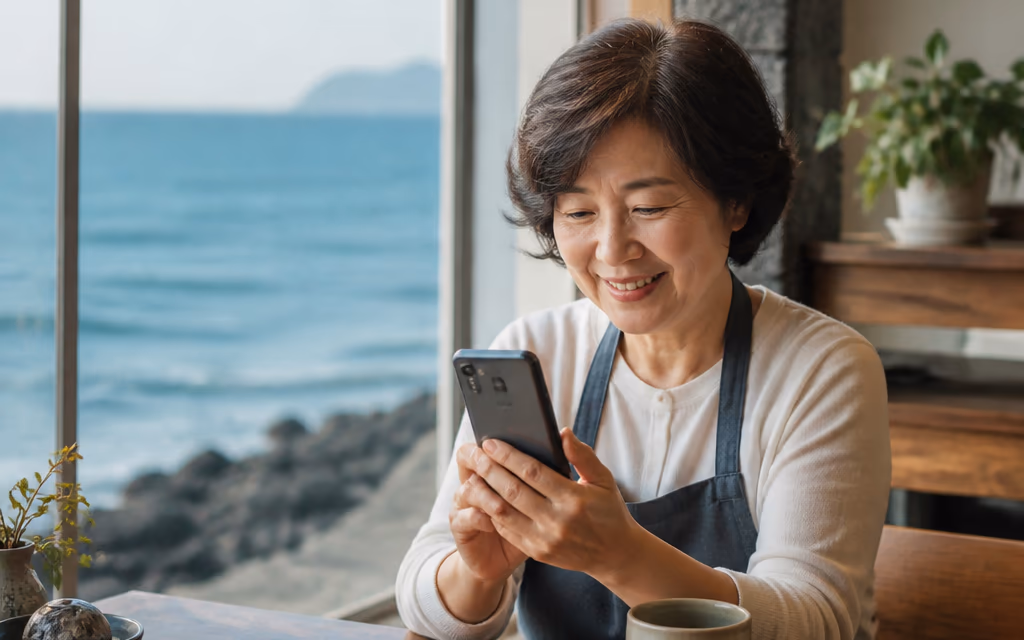 촬영한 세로형 영상을 휴대전화로 확인하는 제주 식당 사장님