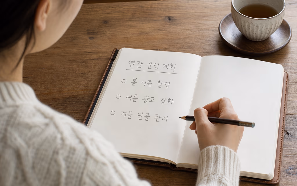 연간 운영 계획을 노트에 정리하는 매장 사장님