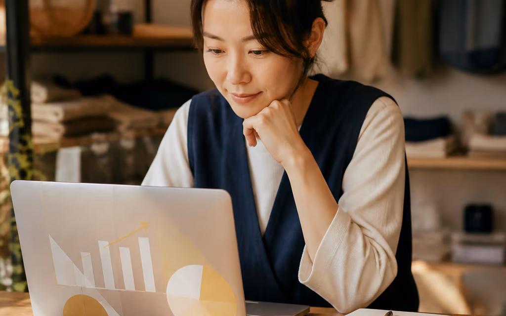 카카오 비즈니스 인사이트를 노트북으로 확인하는 매장 매니저