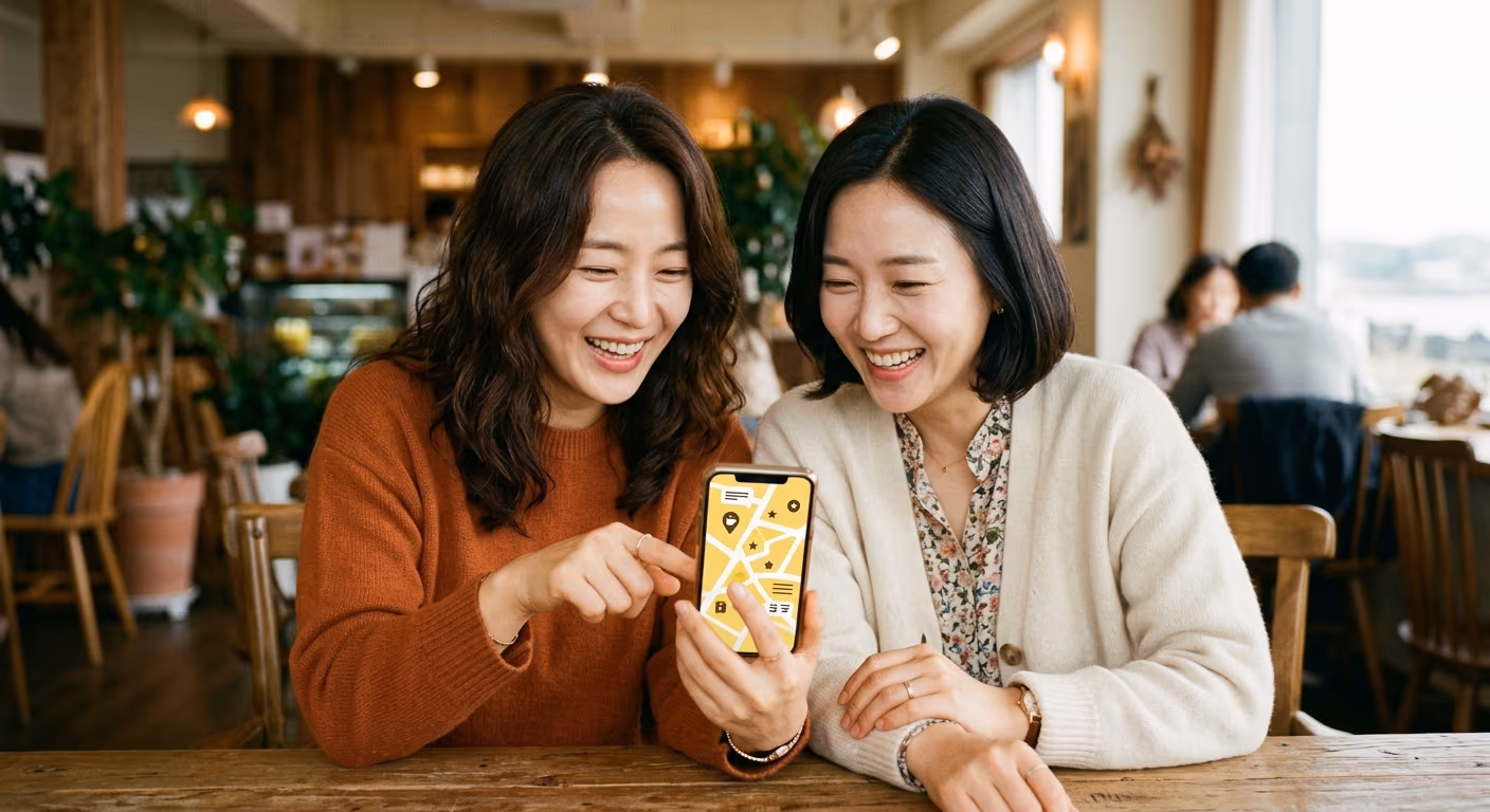 두 손님이 카톡으로 매장을 공유한다