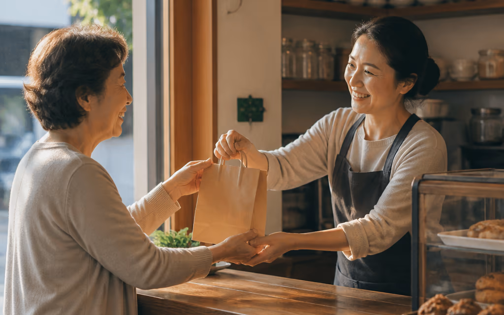 장기 단골 손님에게 작은 감사 선물을 건네는 사장님