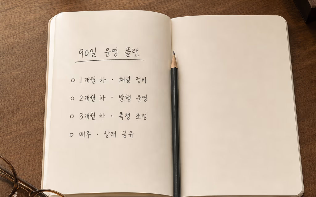 구간별 업무가 적힌 90일 운영 플랜 노트