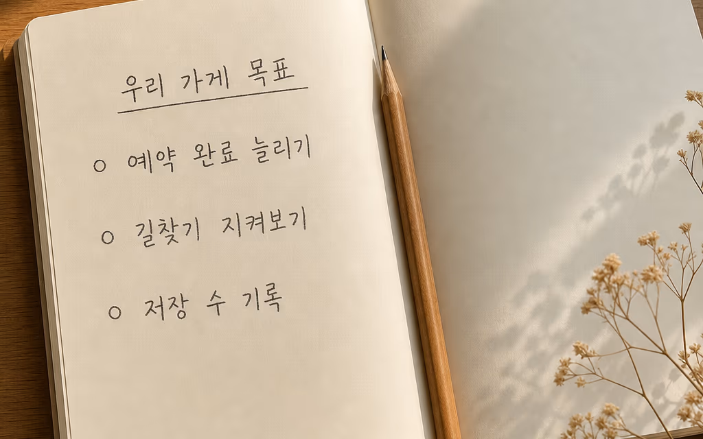 우리 가게 목표를 적어 둔 노트와 연필