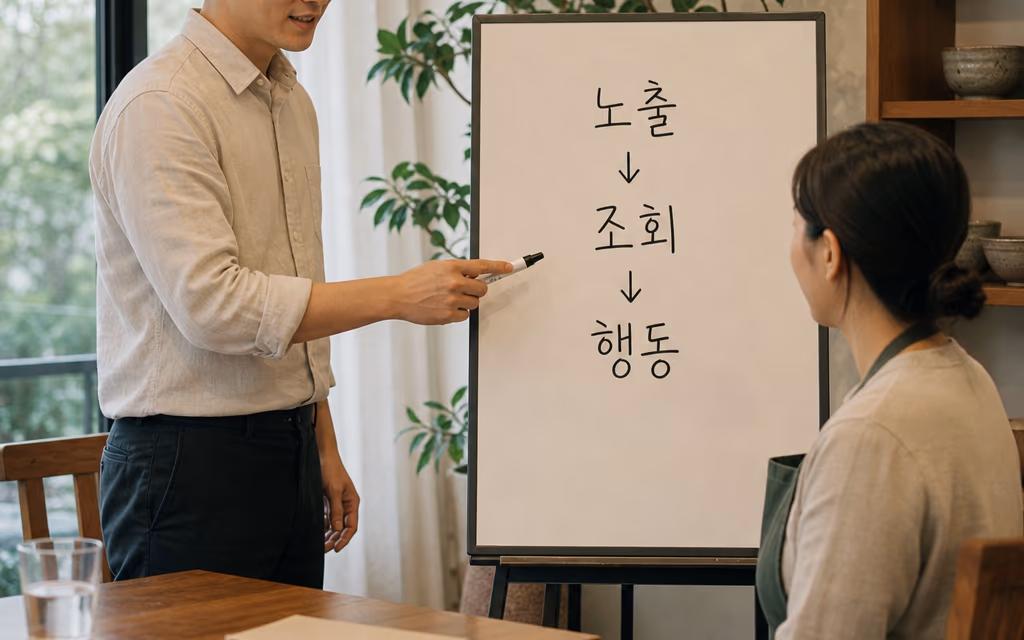 화이트보드 앞에서 단계를 짚어 보는 상담 자리