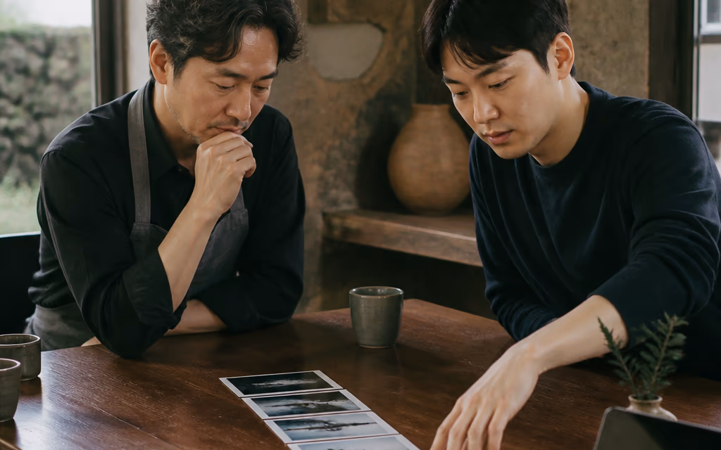 제주 카페 사장님과 광고 담당자가 테이블에 인쇄된 사진 여러 장을 나란히 놓고 글자나 로고가 들어간 사진을 옆으로 빼내는 장면