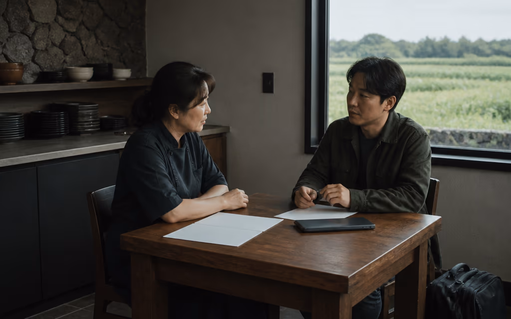제주 식당 사무실에서 사장님과 담당자가 책상 위 빈 종이와 꺼진 노트북을 사이에 두고 촬영 일정을 상의하는 장면