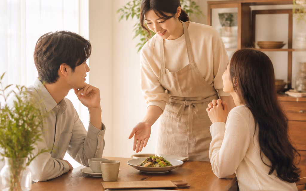 손님에게 메뉴를 설명하는 사장님
