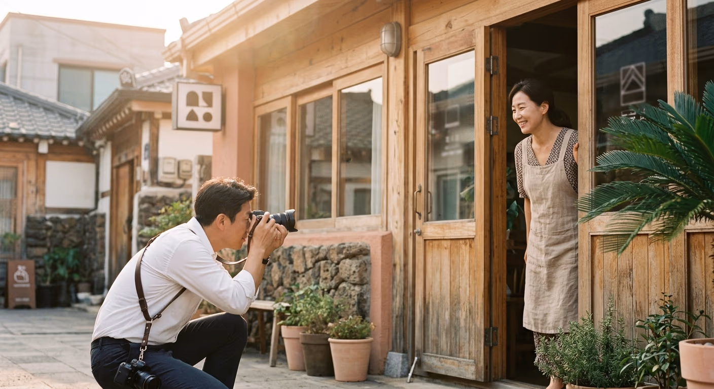 촬영 직전, 매장 외관 구도를 잡는 자리