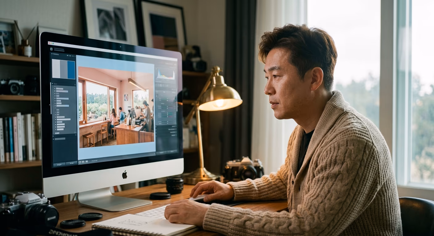 후보정 화면 앞에서 색감을 정하는 자리