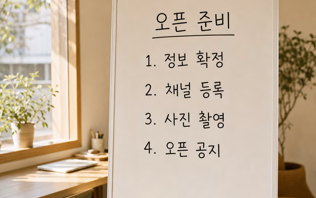 오픈 준비 타임라인을 적어 둔 사무실 화이트보드