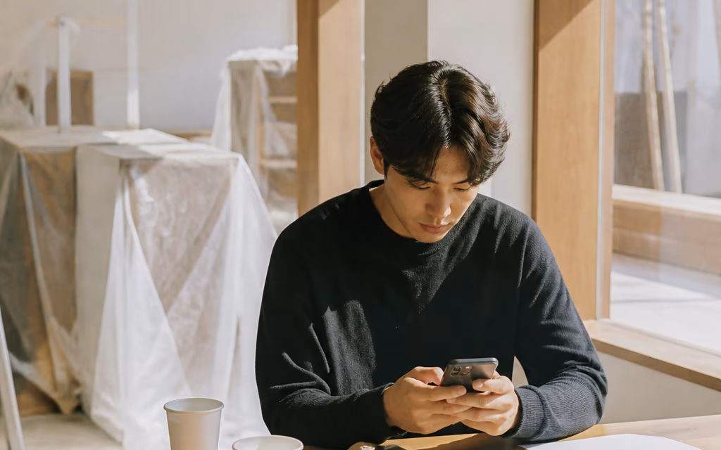 휴대폰으로 매장 계정 프로필을 정리하는 모습