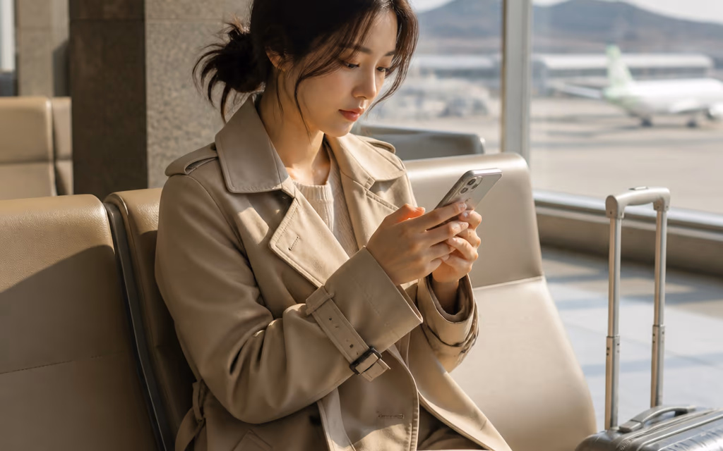공항 라운지에서 스마트폰으로 제주 매장을 검색