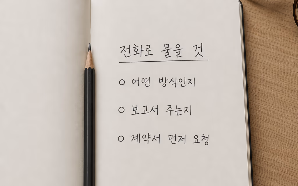 업체에 확인할 질문을 적어 둔 준비 노트